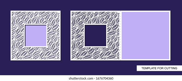 Folding card with square hole. Lacy botanical pattern of leaves. Cutout silhouette. Save the date. Openwork template for laser cutting, cardboard,  paper cut, printing. Copy space. Vector illustration