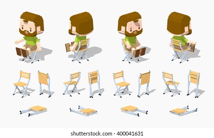 Folding chair. 3D lowpoly isometric vector illustration. The set of objects isolated against the white background and shown from different sides