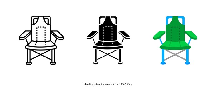 Folding chair icon. Portable outdoor seating for camping, hiking and travel. Lightweight and compact fishing chair design vector illustration. Symbol of relaxation, adventure and recreation in nature.