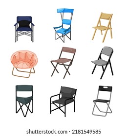 folding chair set cartoon. stool furniture, office seat, camp garden armchair, beach foldable folding chair vector illustration