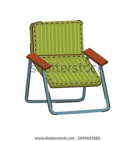 Folding chair vector illustration. Gear for camping, hiking, home interior. Portable striped fabric armchair, outdoor furniture. Comfortable seat with metal base. Hand drawn clipart, cartoon doodle