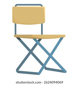 Folding chair with wooden seat and metal legs is standing on white background, isolated object