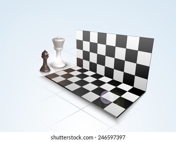 Folding chess board with shiny figures of bishop and queen on stylish background.