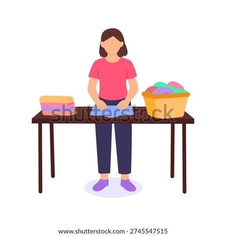 Folding Clean Clothes, Neatly arranging washed garments for storage or delivery, Flat vector character illustration
