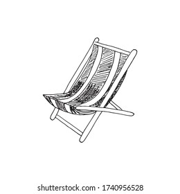 Folding deck lounge chair for summer rest, country house, garden sitting and suntanning. Vector hand drawn illustration in sketch doodle style. Concept of comfort, convinient rest, furniture