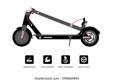 Folding Electric Scooter Isolated on White. Modern Fold for Commute - Travel. Electric Vehicle. illustration - Vector.