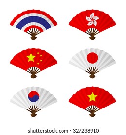 Folding fan or hand fan asia flag design set have thailand, hong kong, china, japan, korea and vietnam isolated on white background