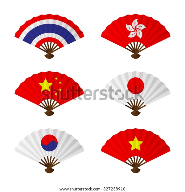 Folding fan or hand fan asia flag design set\
have thailand, hong kong, china, japan, korea and vietnam isolated\
on white background