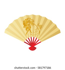 Folding fan or hand fan illustration gold color, paint rooster chicken and feather ink brush stroke design gold color isolated on white background, with copy space 