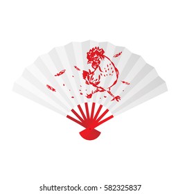 Folding fan or hand fan illustration white color, paint rooster chicken run and feather ink brush stroke design red color isolated on white background, with copy space 