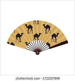 Folding fan, vector illustration isolated on white background. Decorative hand or handheld fan, souvenir with arabian camels.