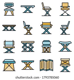 Folding furniture icons set. Outline set of folding furniture vector icons thin line color flat on white