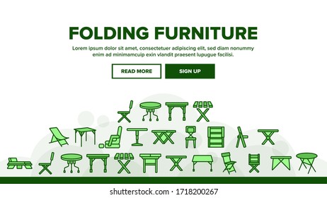 Folding Furniture Landing Web Page Header Banner Template Vector. Table And Chair, Lounge And Armchair Compact And Garden Relaxation Furniture Illustrations