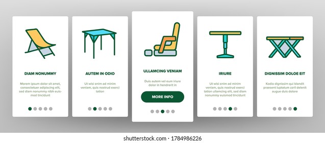 Folding Furniture Onboarding Mobile App Page Screen Vector. Table And Chair, Lounge And Armchair Compact And Garden Relaxation Furniture Illustrations