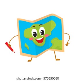 Folding geographical map funny character with a red pencil, travelling concept, cartoon vector illustration isolated on white background. Pocket geographical map funny character, mascot