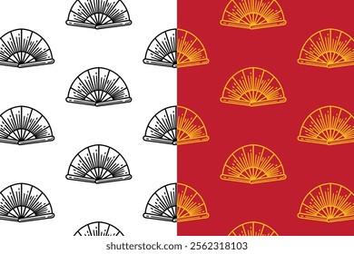 folding hand chinese fans doodle seamless pattern background set for packaging. retro traditional fans background. engraving paper fans wallpaper. pattern background with chinese fans festival.