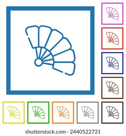 Folding hand fan outline flat color icons in square frames on white background