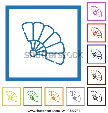 Folding hand fan outline flat color icons in square frames on white background