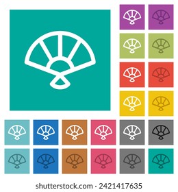 Folding hand fan outline multi colored flat icons on plain square backgrounds. Included white and darker icon variations for hover or active effects.
