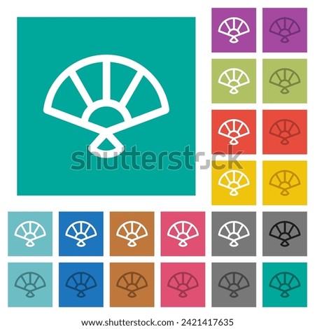 Folding hand fan outline multi colored flat icons on plain square backgrounds. Included white and darker icon variations for hover or active effects.