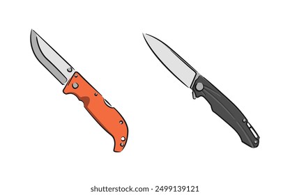 Klappmesser mit schwarz-orangefarbenem Griff für Armee und Jagd, Cartoon-Illustration einzeln auf weißem Hintergrund. Vektorgrafik