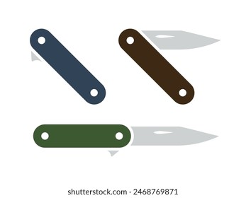 Klappmesser mit farbigem Griff-Icon-Set. Taschenmesser-Vektorillustration isoliert. Symbol für scharfe Klingenöffner. Symbol für Campingausrüstung.