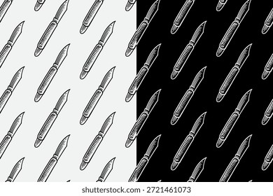 Folding knife engraving seamless pattern on black white background set for merch. Pocket knife hatching pattern background for adventure. Gardening knife tool line art motif wallpaper for outdoor