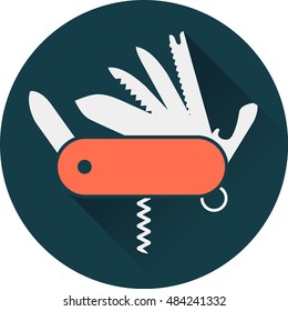 Folding knife flat icon in circle vector; multi-tool instrument sign vector isolated;