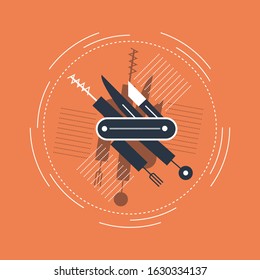 Folding knife flat icon vector; Folding army knife; multi-tool instrument sign vector