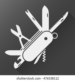 Folding knife flat icon vector; Folding army knife; multi-tool instrument sign vector isolated; Multi tool white flat icon