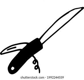 icono plegable del cuchillo. doodle dibujado a mano. vector, escandinavo, nórdico, minimalismo, monocromo. campamento, caminata, herramienta, comida en lata abierta, corkbolt.