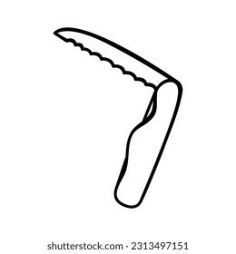Folding knife isolated on white background. Multifunctional pocket instrument, camping and hiking equipment, compact expedition knife.