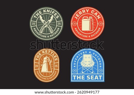 folding knife,  plastic canister, camping kettle, picnic seat, jerry can, chair, pot retro badge logo vector design collection set for adventure, outdoor, camper, explorer, mountaineer and hiker