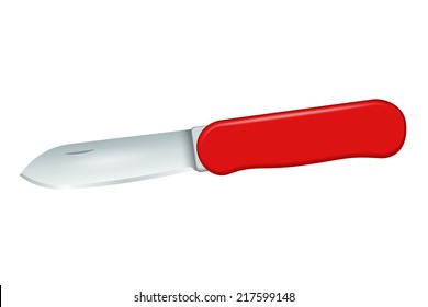 Folding knife for tourism with a red handle. Isolated on white background. Vector illustration. 