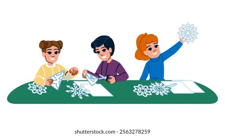 folding making paper snowflakes vector. craft diy, scissors winter, decoration symmetrical folding making paper snowflakes character. people flat cartoon illustration