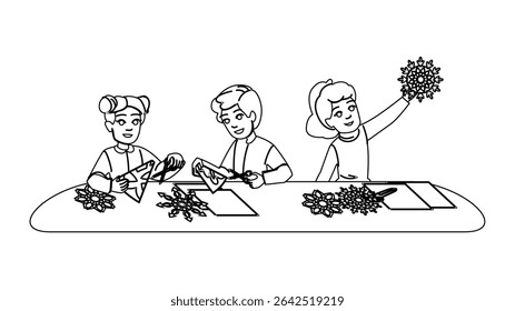folding making paper snowflakes vector. craft diy, scissors winter, decoration symmetrical folding making paper snowflakes character. people black line pencil drawing illustration