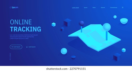 Folding map with geo tag marks icon. City map with marked route, taxi service, delivery to home or office, online tracking. Isometric vector illustration for visualization of business presentation
