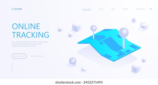Folding map with geo tag marks icon. City map with marked route, taxi service, delivery to home or office, online tracking. Isometric vector illustration for visualization of business presentation
