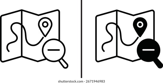 Mapa dobrável com um pino de localização e um zoom para fora lupa vetor ícone design
