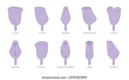 Folding menstrual cup. Fold methods female silicon cup for period. Reusable women hygiene elements, zero waste, save nature, racy vector set