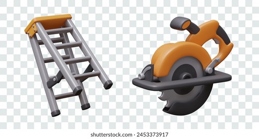 Folding metal ladder, circular saw. Set of isolated vector 3D objects