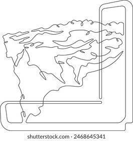 Folding modern smartphone. Mountain top peak. Mountain peak on the smartphone screen.One continuous line. Line art. Minimum one line. White background. One line drawing.
