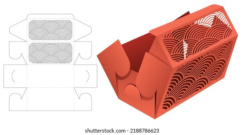 Folding packaging with stenciled Japanese pattern window die cut template and 3D mockup