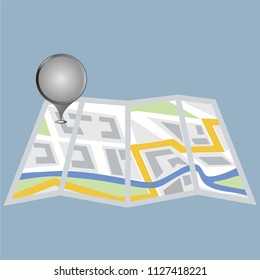 Folding paper city map with location mark and flag labels. Colored flat icon. 
