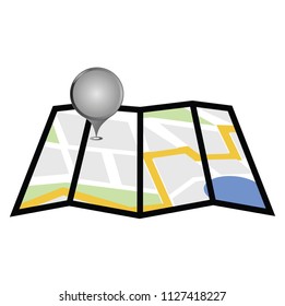 Folding paper city map with location mark and flag labels. Colored flat icon. 