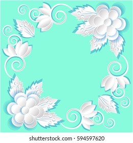 Folding paper cut flower on a blue background and a beautiful vector illustration.picture frame