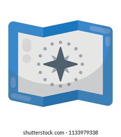 A folding paper having compass rose sign showing map icon 