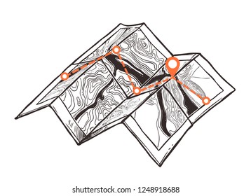 Folding Paper Map With Route Of Adventure Or Trip. Dotted Line Way Plan For Camping. Vector Sketch Hand Drawn Illustartion