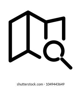 Folding paper map with small magnifying glass icon. Symbol of travelling and planning. Outline modern design element. Simple black flat vector sign with rounded corners.