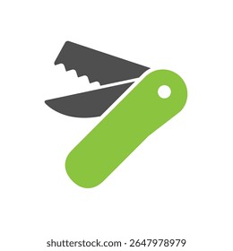 Folding Pocket Knife Illustration, Green Handle with Serrated Blade